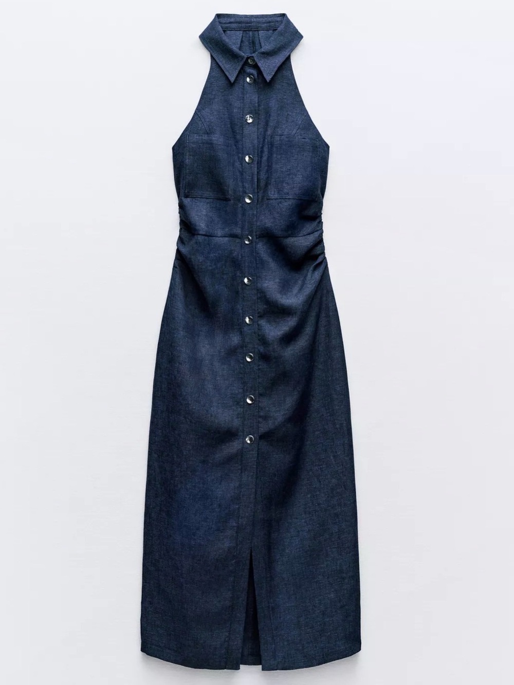 Zara Tailored Linen Shirtdress Blue Sleeveless Midi Dress NWT